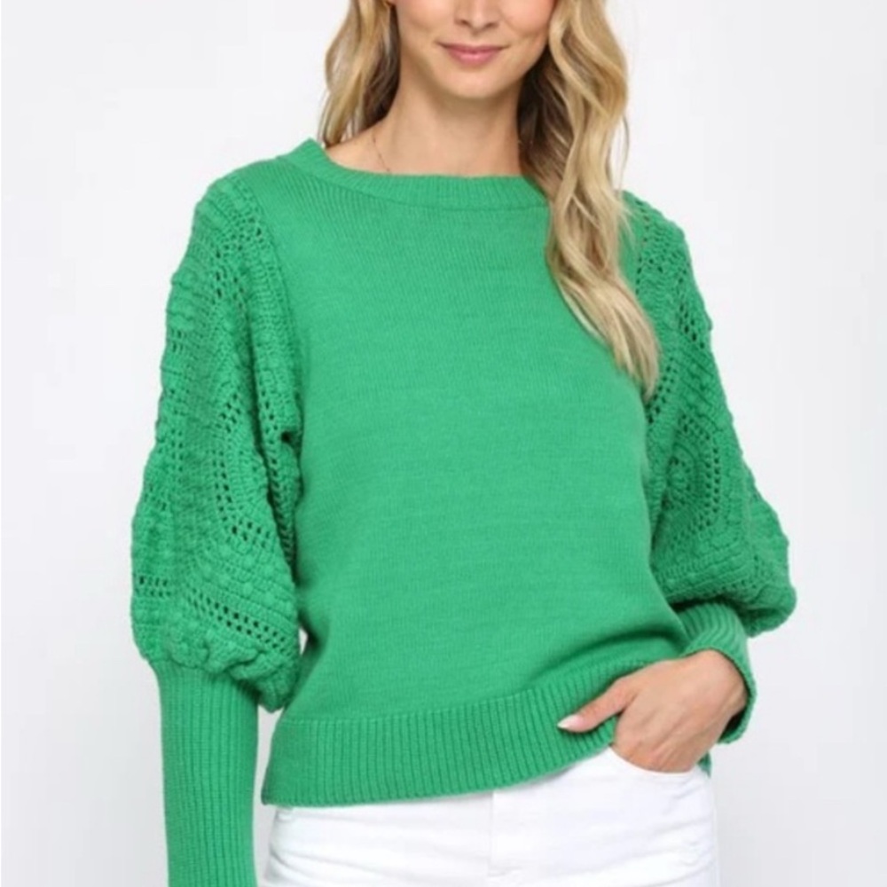 Fate Green Crew Neck Sweater with Textured Sleeves